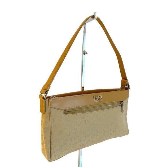Anne Klein Tan Logo Leather Canvas Shoulder Handbag Mini Baby Bag - Y2K - Picture 1 of 10